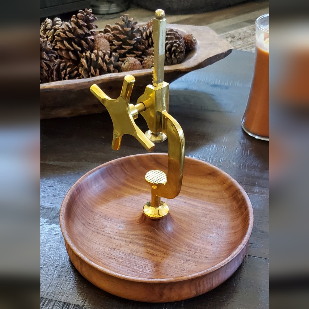 Vintage Brass Articulate Nutcracker Wood Bowl, Made in India, EUC